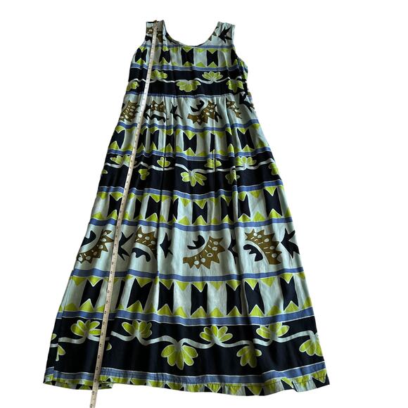 Java Lava Indonesian Rayon Flowy Earthy Beachy Blue Green Maxi Tank Dress L - Picture 9 of 10